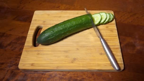 Slicing Cucumber Closeup Chopped Vegetables Wooden Cutting Board Stop Motion — Stock Video