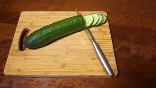Slicing Cucumber Closeup Chopped Vegetables Wooden Cutting Board Stop Motion — Stock Video