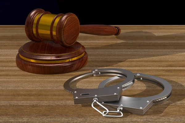 Wooden gavel and handcuffs on table. 3D illustration — Stock Photo, Image