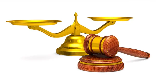 Wooden gavel and scales on white background. Isolated 3D illustr — Stock Photo, Image