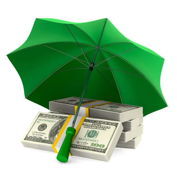 Geld unter einem Regenschirm auf weißem Hintergrund. isolierte 3D-Illustrationen — Stockfoto