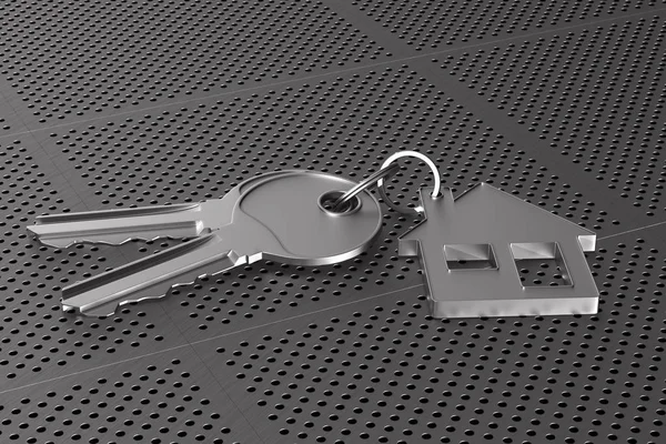 Two keys and trinket house on metallic perforated panel. 3d illu