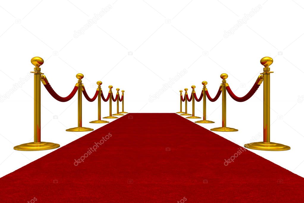 red carpet and barrier rope on white background. Isolated 3D ill