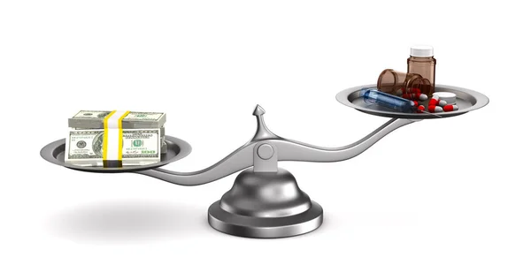 Medicamentos y dinero en balanzas. Ilustración 3D aislada — Foto de Stock