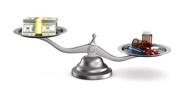 Medicine e denaro in bilancia. Illustrazione 3D isolata — Foto Stock