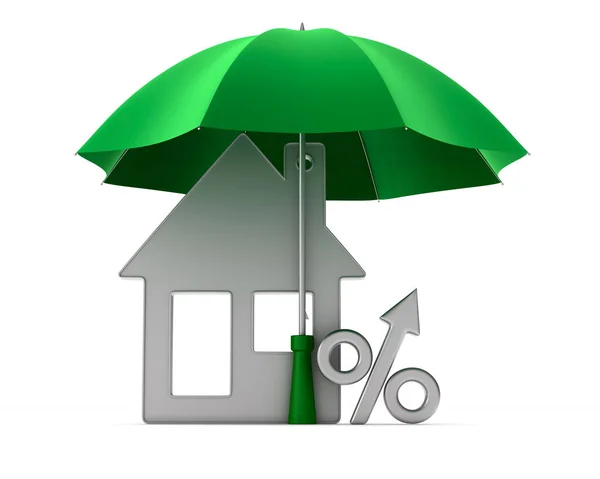 Metallic trinket house and percent under umbrella on white backg — Stock Photo, Image