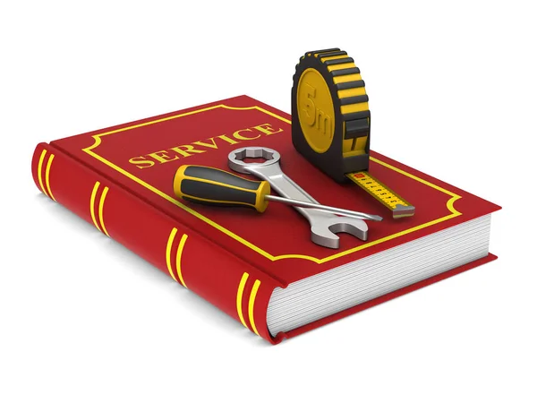 Eszközök és vörös szerviz könyv. Elszigetelt 3D-s illusztráció — Stock Fotó