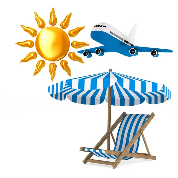 Deckchair and parasol and sun on white background. Isolated 3D i — Stock Photo, Image