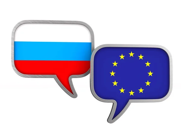 Beyaz arka planda Avrupa Birliği ve Rusya bayrak. Yalıtılmış 3d illüstrasyon — Stok fotoğraf