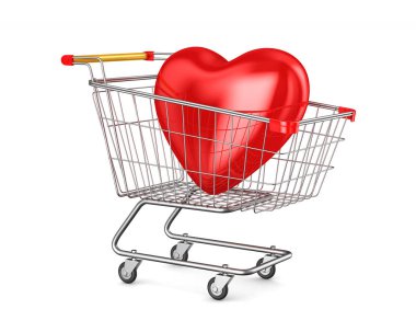 Beyaz arka planda alışveriş arabası ve kalp. İzole edilmiş 3d illüstrasyon