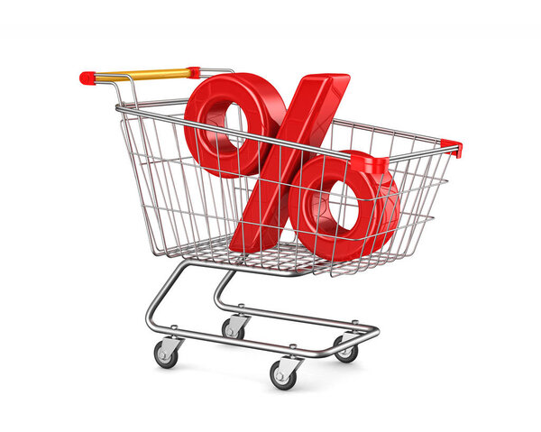 shopping cart and percent on white background. Isolated 3D illus