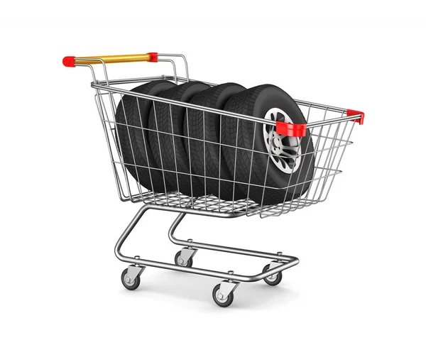 白い背景にショッピングカートとタイヤ。隔離された3Dイラスト — ストック写真