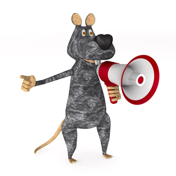 Крыса с мегафоном на белом фоне. Изолированная 3D иллюстрация — стоковое фото