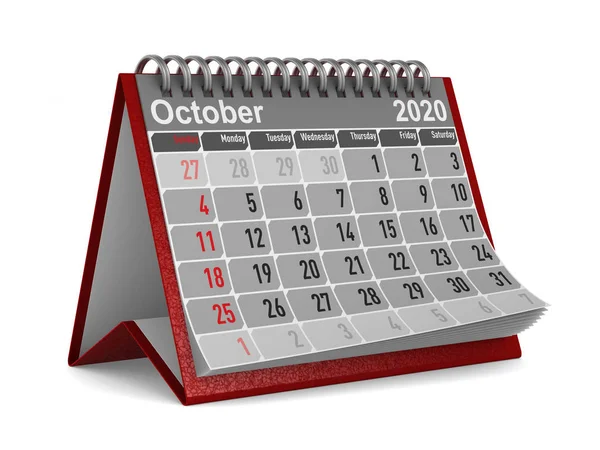 2020 έτος. Ημερολόγιο για τον Οκτώβριο. Απομονωμένη απεικόνιση 3D — Φωτογραφία Αρχείου