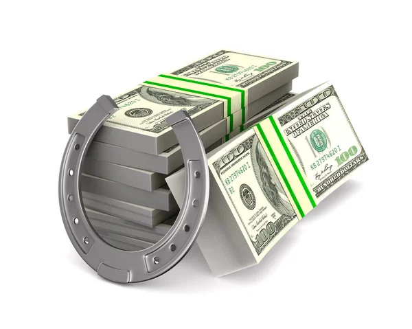 Ferradura e dinheiro em fundo branco. Isolado ilustração 3D — Fotografia de Stock