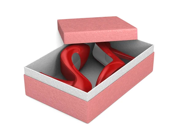 Rode damesschoenen in roze doos op witte achtergrond. Geïsoleerd 3d i — Stockfoto
