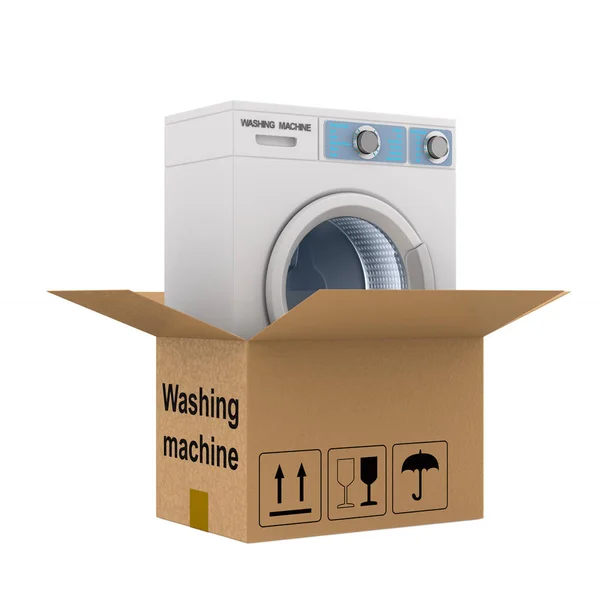 Washing machine into box on white background. Isolated 3d illust — Stock Photo, Image