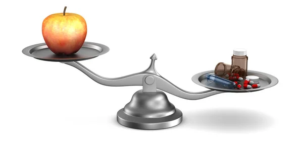 Läkemedel och äpple på våg. Isolerad 3D-illustration — Stockfoto