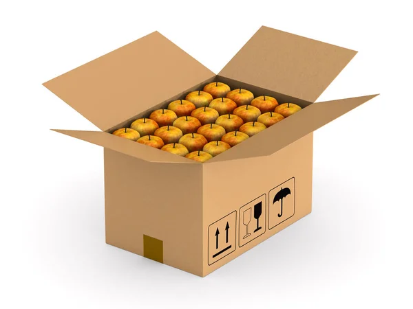 Apples into box on white background. Isolated 3d illustration — ストック写真