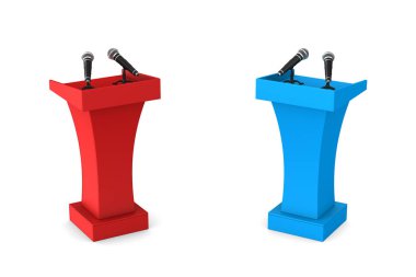 two tribunes with microphones on white background. Isolated 3D i