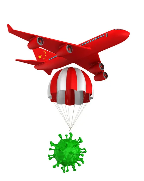 Вірус з парашутом і літаком на білому тлі. Ізольовані — стокове фото