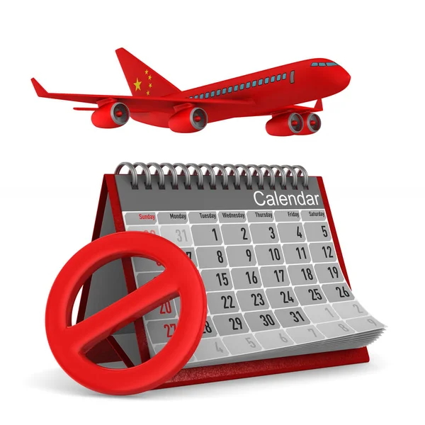 Calendario y avión de china sobre fondo blanco. Enfermedad aislada en 3D —  Fotos de Stock