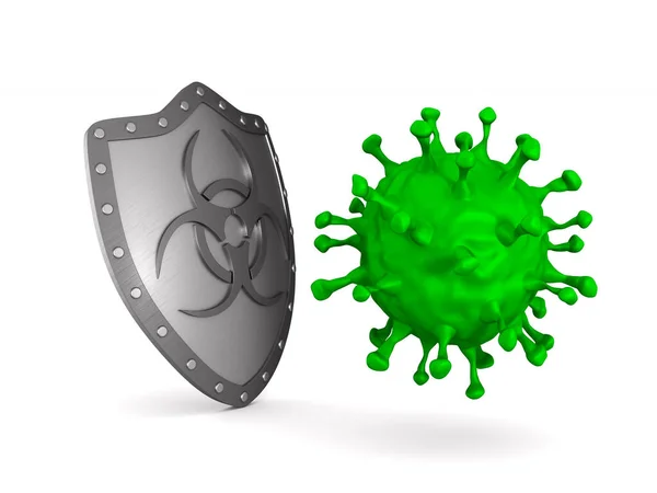 Metallisk Sköld Med Symbol Biologisk Risk Och Virus Vit Bakgrund — Stockfoto