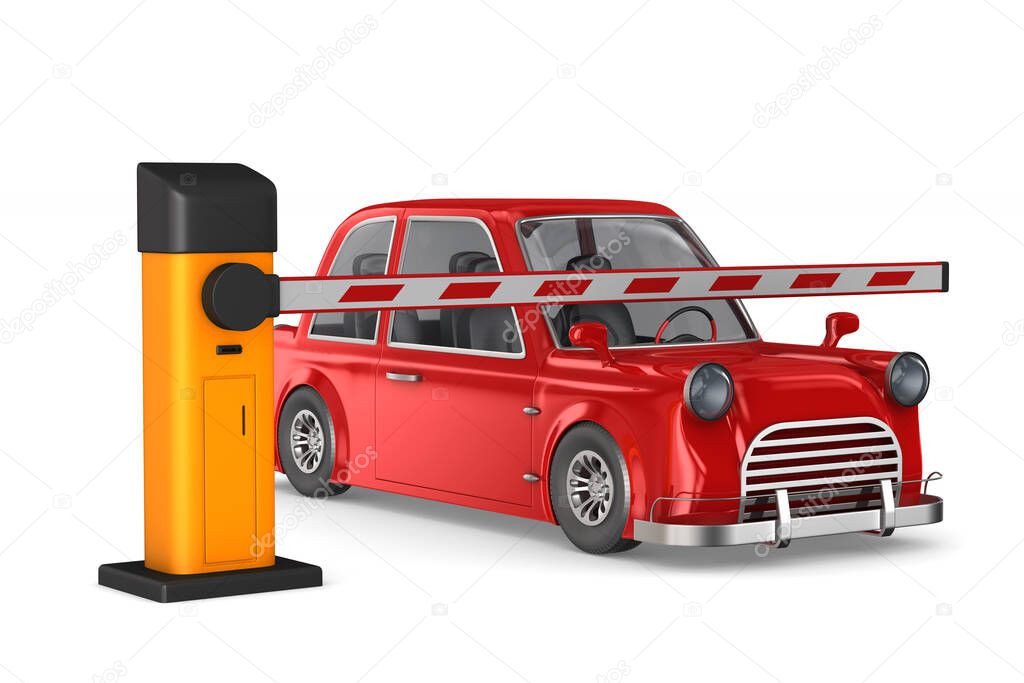 closed automatic barrier and car on white background. Isolated 3D illustration