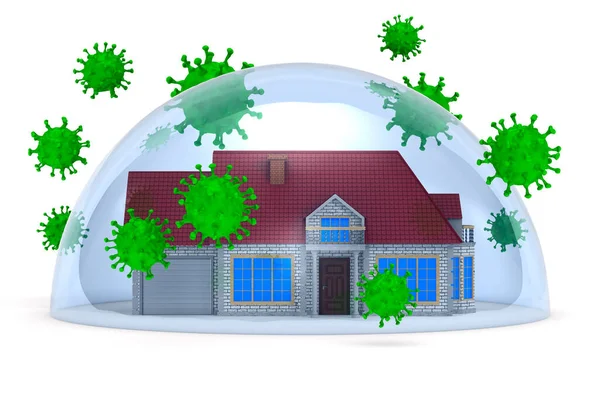 病毒和房子变成了白色背景的穹顶 孤立的3D插图 — 图库照片
