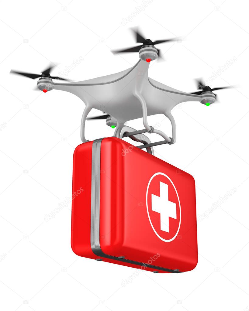 quadrocopter with first aid kit on white background. Isolated 3d illustration