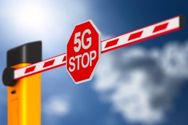 Kapalı otomatik bariyer ve gökyüzü arka planında 5G durağı var. 3B illüstrasyon