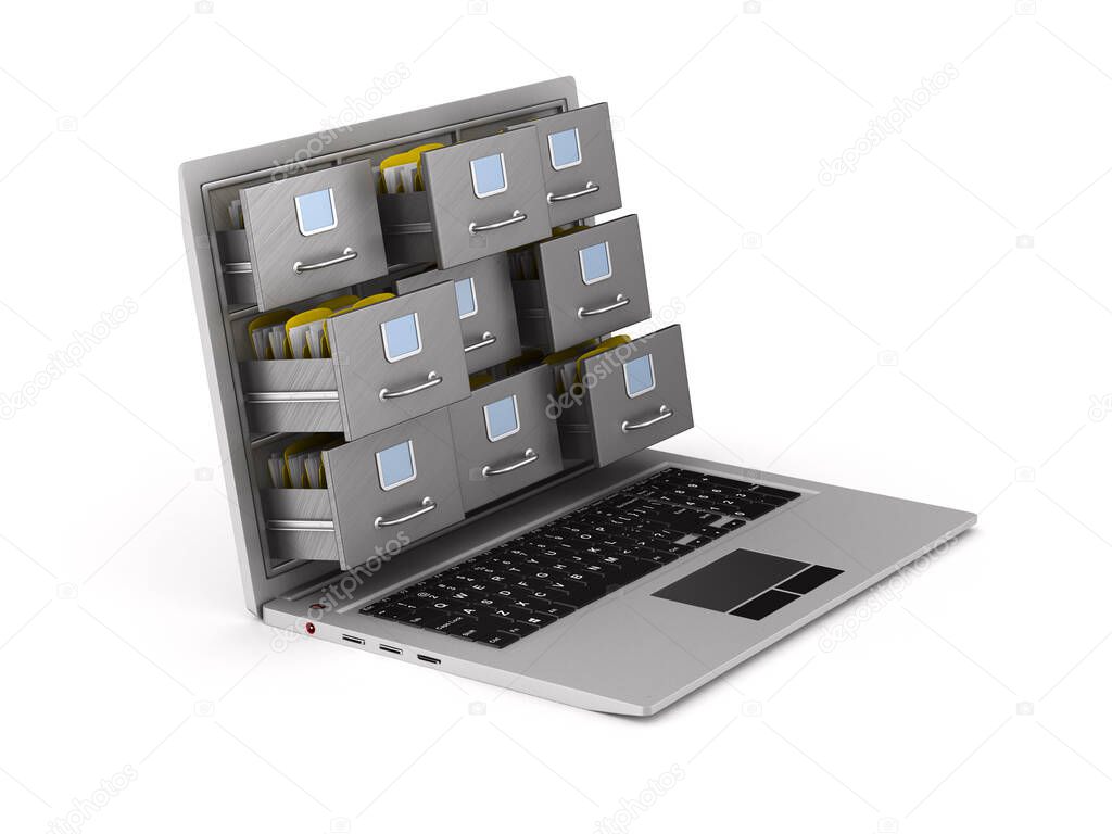 laptop with filing cabinet on white background. Isolated 3D illustration