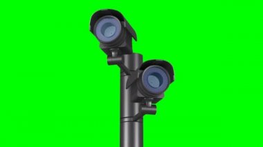 Beyaz arka planda iki güvenlik kamerası var. İzole edilmiş üç boyutlu illüstrasyon