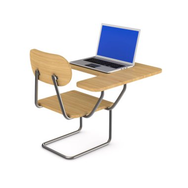 Beyaz arka planda okul masası ve dizüstü bilgisayar. İzole edilmiş üç boyutlu illüstrasyon