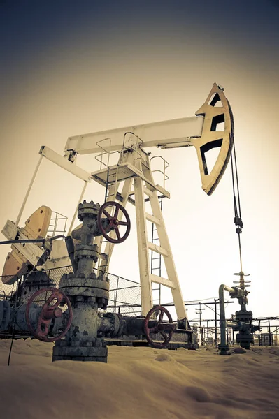 Jack bomba de óleo e cabeça de poço no campo petrolífero — Fotografia de Stock