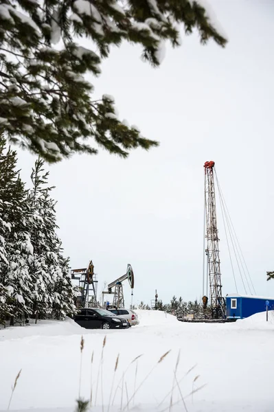 Pump jack och olja rigg som ligger i skogen. — Stockfoto