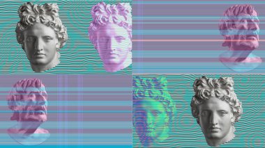 Gerçeküstü bir tarzda antika heykel kafası ile çağdaş sanat kavramı kolaj. Modern sıradışı sanat.