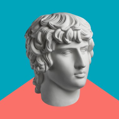 Çağdaş sanat konsepti kolajı. Antik heykel kafası, zine kültür tarzında. Güzel yüz genç adam..