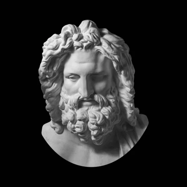 Gypsum copy of antique statue Zeus head isolated on black background. Plaster sculpture man face with beard. — Stock Photo, Image