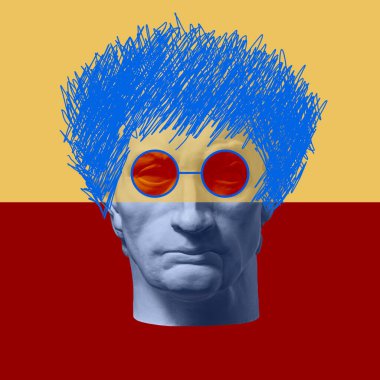 Çağdaş sanat konsepti kolajı. Antik heykel kafası, zine kültür tarzında. Gözlüklü erkek yüzü.