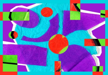 Çağdaş sanat soyut mod tahtası. Kağıt kesiğinden yapılmış el yapımı kolaj. Karışık ortam dokusu arka planı. Trend sanatı, yaratıcı zine kültürü.