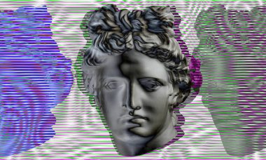 Çağdaş sanat konsepti kolajı. Antik heykel kafası, zine kültür tarzında. Arıza efekti, desenli.