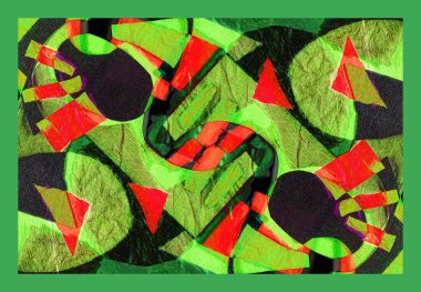 Çağdaş sanat soyut mod tahtası. Kağıt kesiğinden yapılmış el yapımı kolaj. Karışık ortam dokusu arka planı. Trend sanatı, yaratıcı zine kültürü.