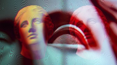 Çağdaş sanat konsepti kolajı. Antik heykel kafası, zine kültür tarzında. Arıza efekti, desenli.