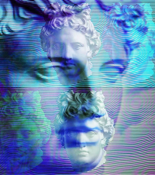 Contemporary art concept collage with antique statue head in a zine culture style. Glitch effect, textured. — Stock Photo, Image