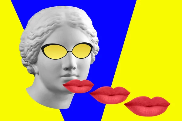 Collage concept d'art contemporain avec statue antique tête de Vénus en verres et lèvres. Style de culture zen. Art moderne à la mode . — Photo