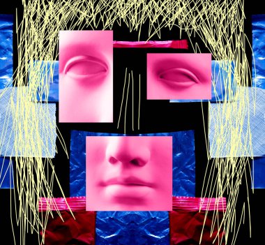 Çağdaş sanat konsepti kolajı. Antik heykel kafası, zine kültür tarzında. Modern sanat.