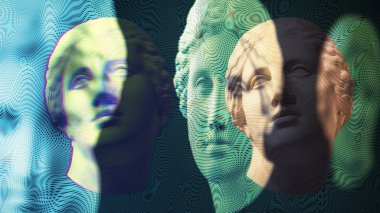 Çağdaş sanat konsepti kolajı. Antik heykel kafası, zine kültür tarzında. Arıza efekti, desenli.