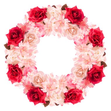 Çiçekli arka planda daire çiz. Çeşitli çiçeklerin parlak yeşil dokusu. Bahar ve yaz kavramı, doğa, ekoloji. Romantizm teması, aşk, Sevgililer Günü.