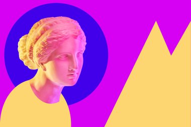 Venus de Milo heykeli. Antik Yunan heykeli Venüs veya Afrodit kafası olan yaratıcı renkli neon imge. Webpunk, buhar dalgası ve gerçeküstü sanat tarzı. Pembe ve sarı duoton efektleri.